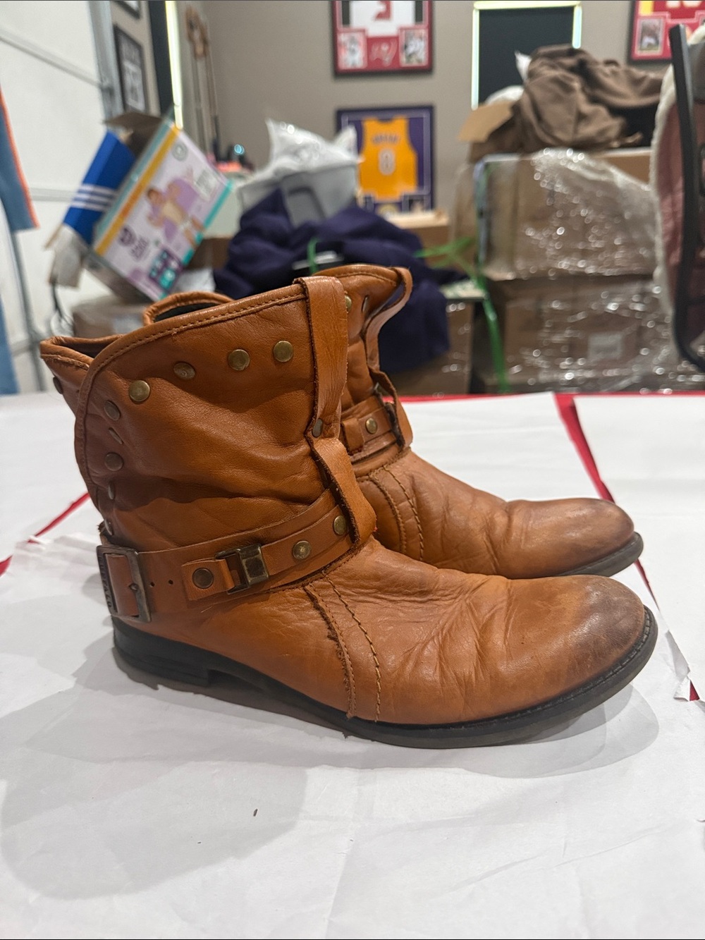 Women's Tan Leather Buckle Ankle Booties